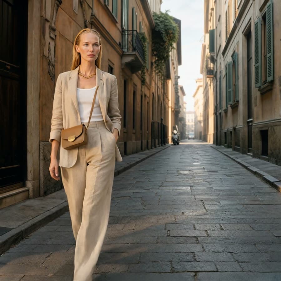 A model in a linen blazer walking down a Milan street