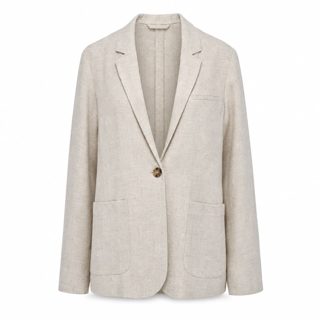 A linen blazer on a ghost mannequin against white