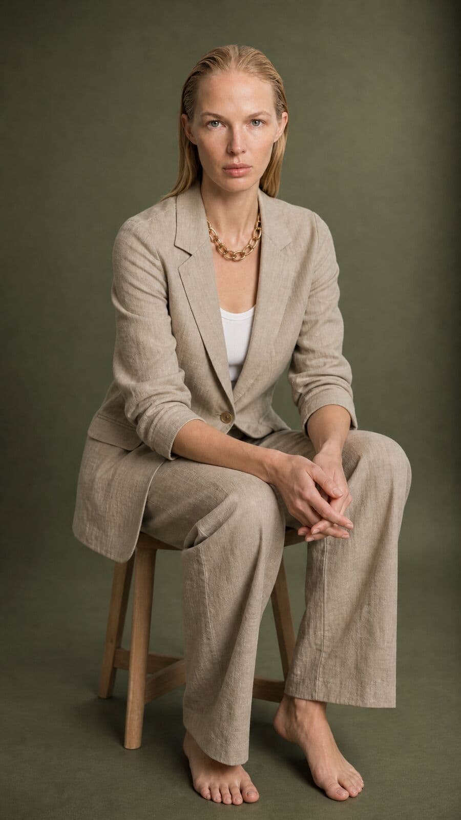 Variation 3, seated against a green wall