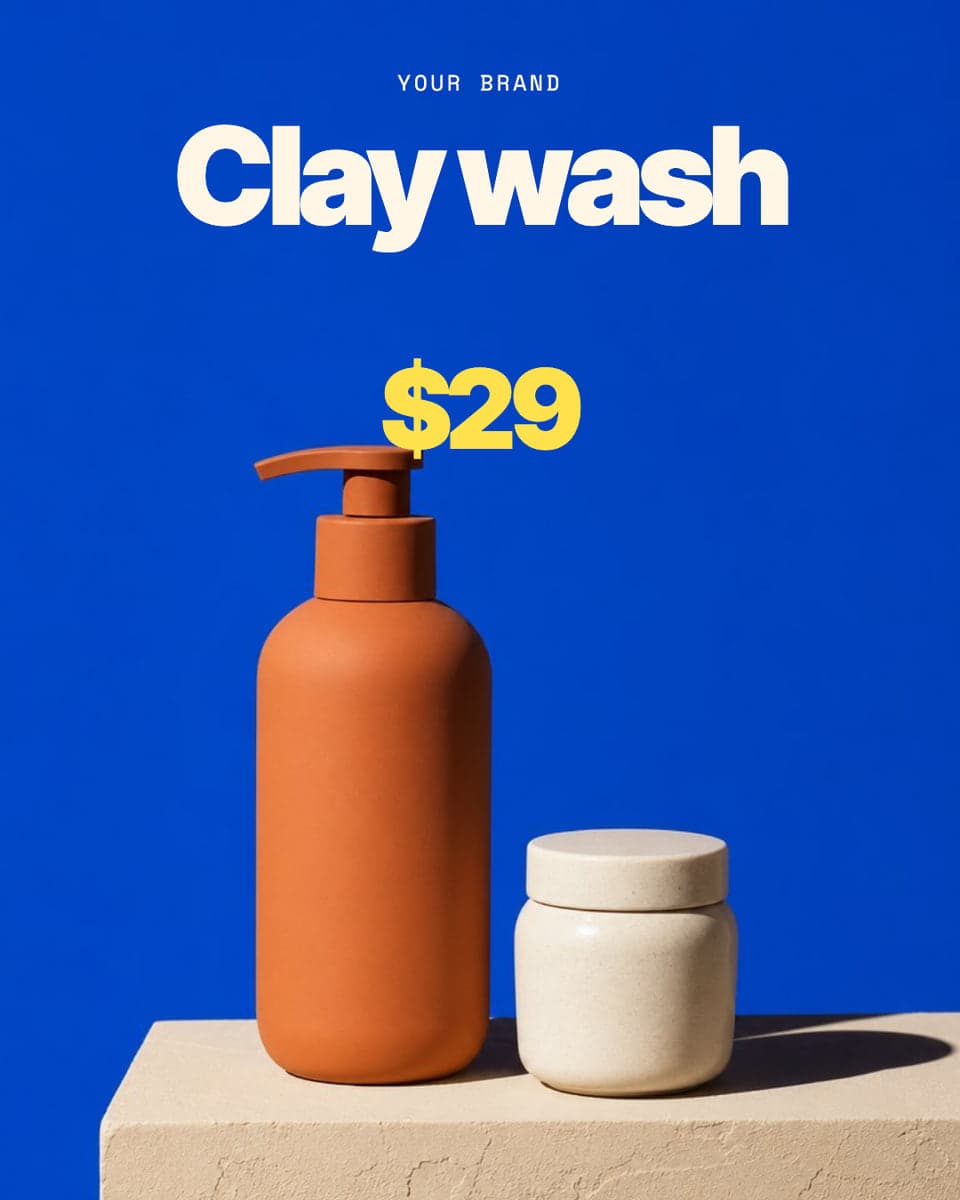 A bottle and jar on cobalt blue with the product name and price
