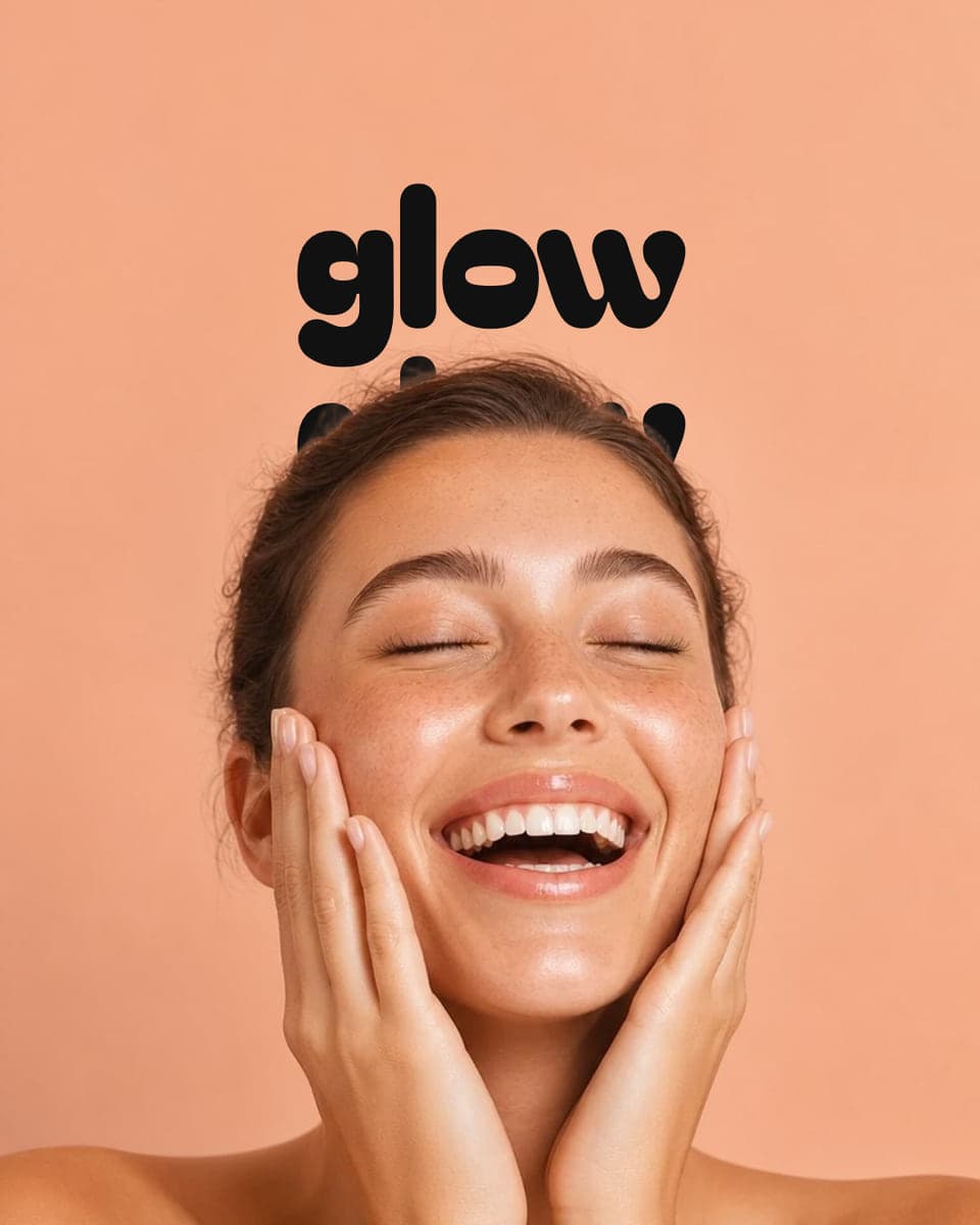 Glow repeated three times behind a laughing face on peach
