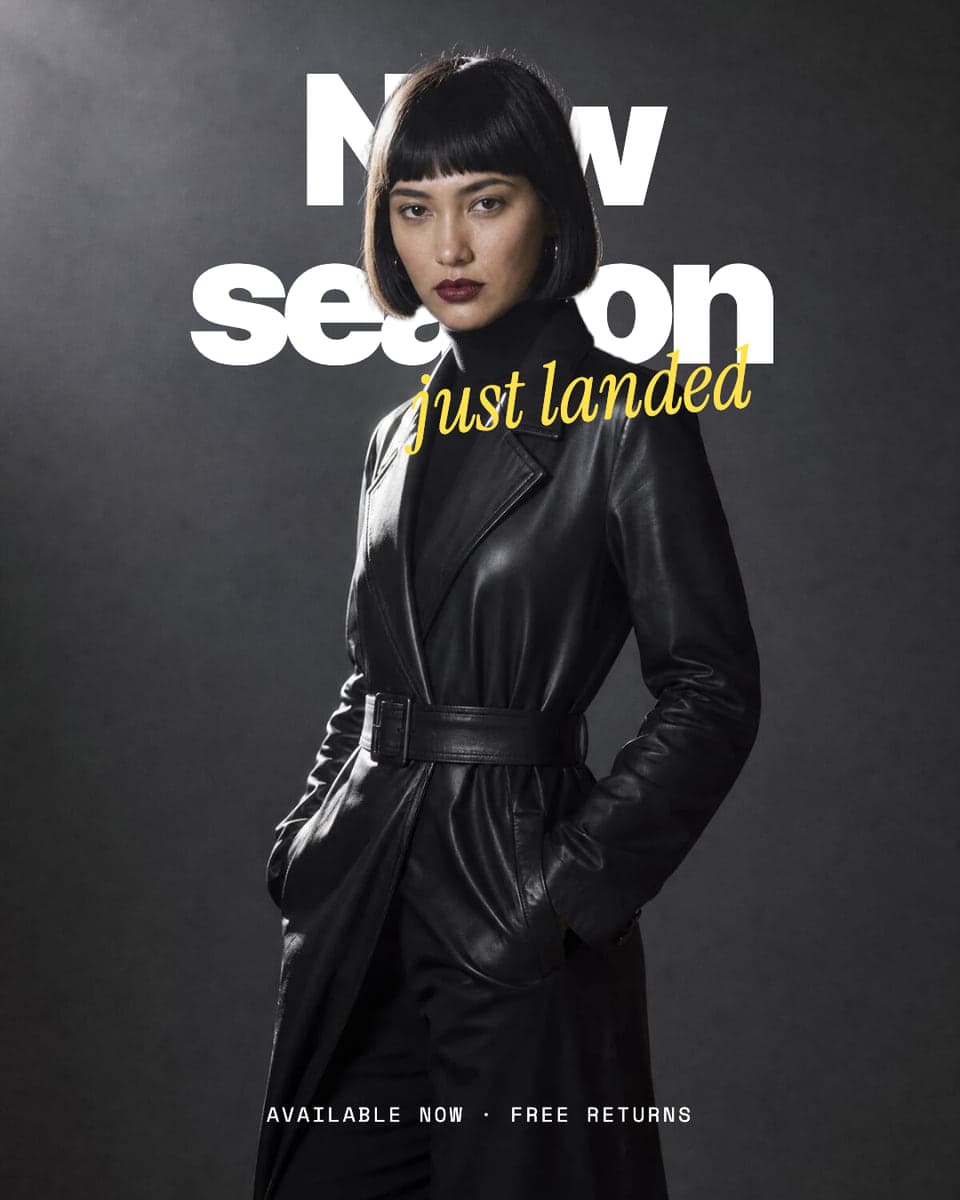 A headline behind a model in a leather coat