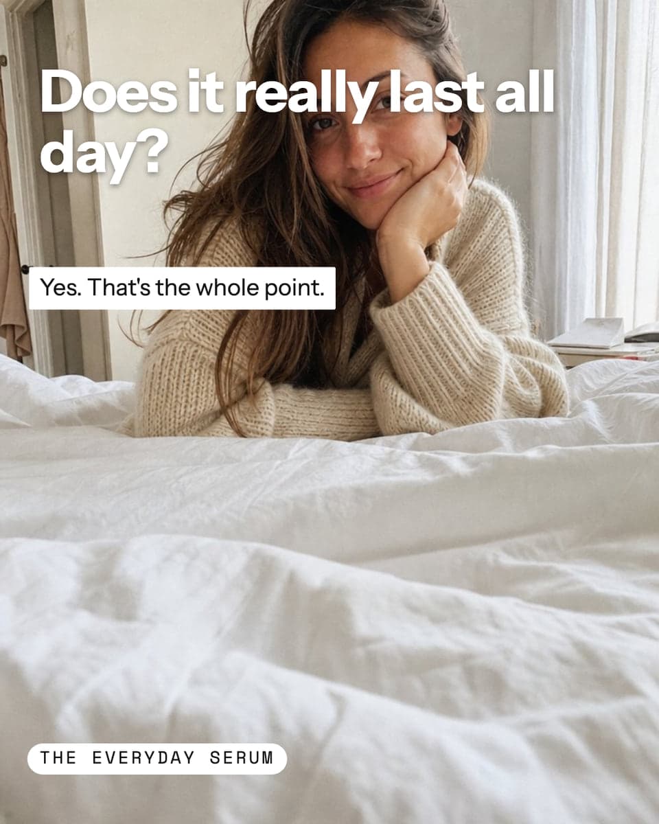 A question and answer as a caption over a woman on a bed