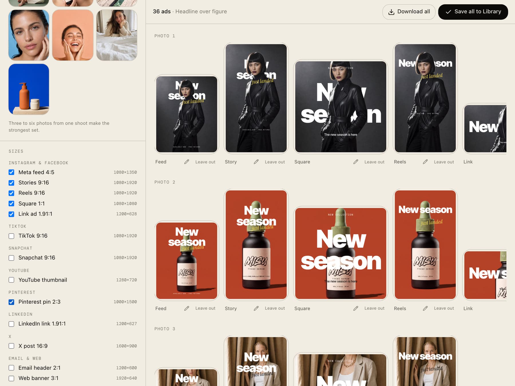 The campaign builder: six photos and six sizes, thirty-six ads in a grid