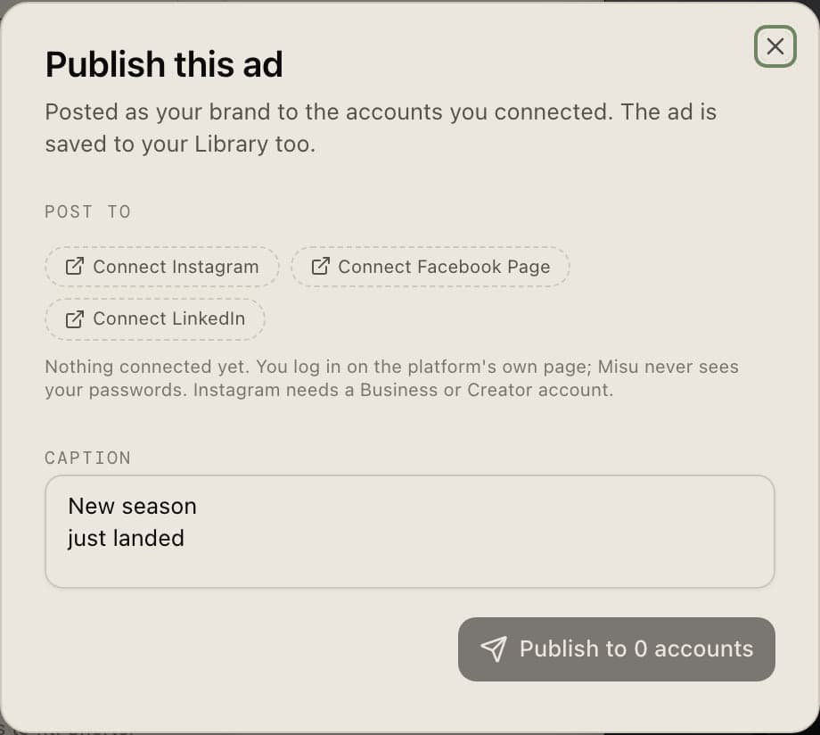 The Publish dialog: connect Instagram, a Facebook Page or LinkedIn, and a caption written from the ad's words