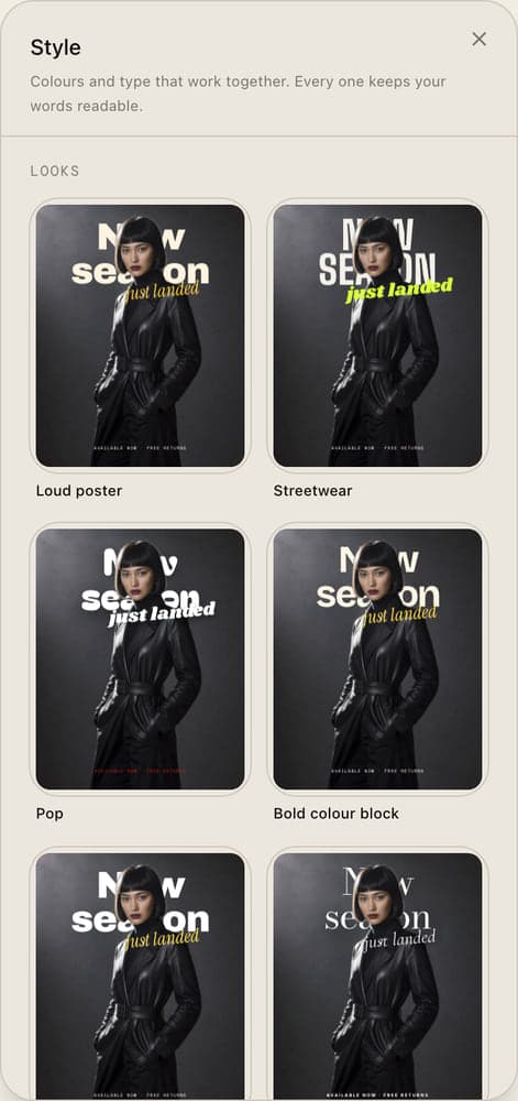 The Style panel: looks shown on the current ad, each one a pair of colours and type