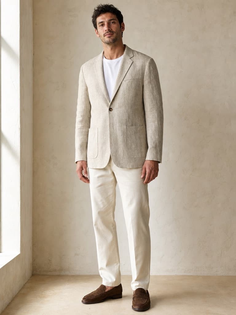 A man in the same linen blazer, buttoned once over a white t-shirt, with ecru trousers and brown suede loafers, standing in a plaster-walled studio.