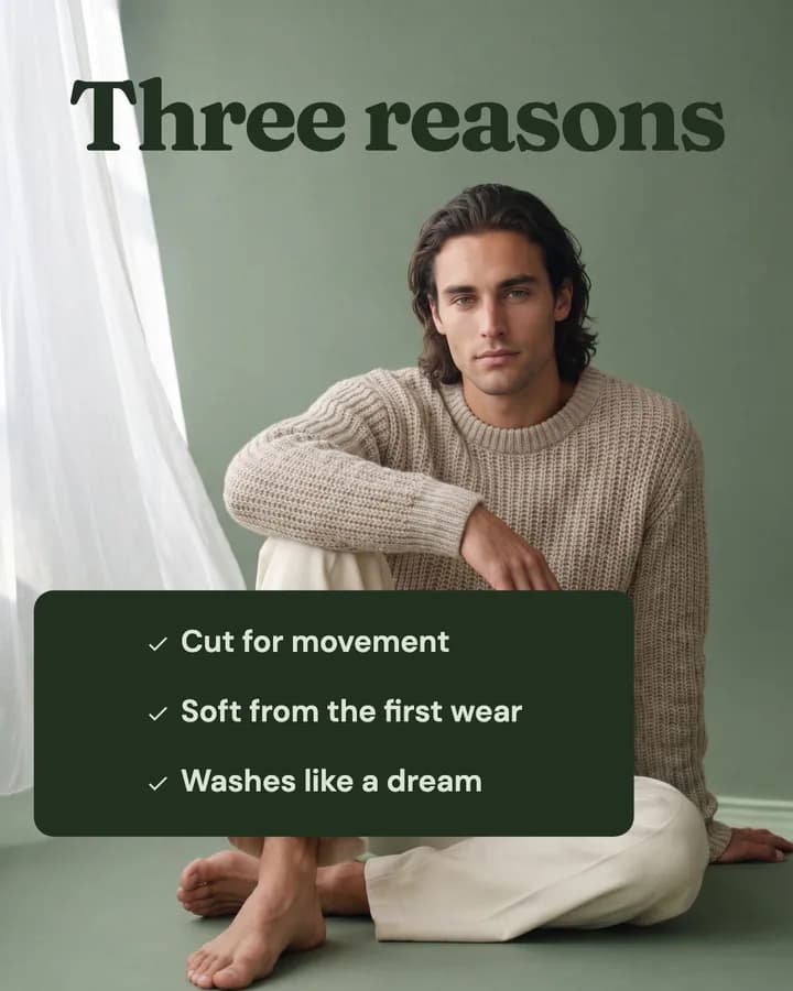 Three benefits with checks: a sample ad for a chunky knit, reading “Three reasons”