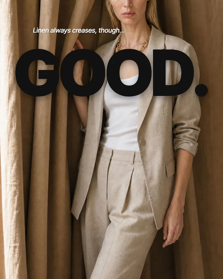 The doubt, then the answer: a sample ad for a linen suit, reading “Linen always creases, though” answered “Good”