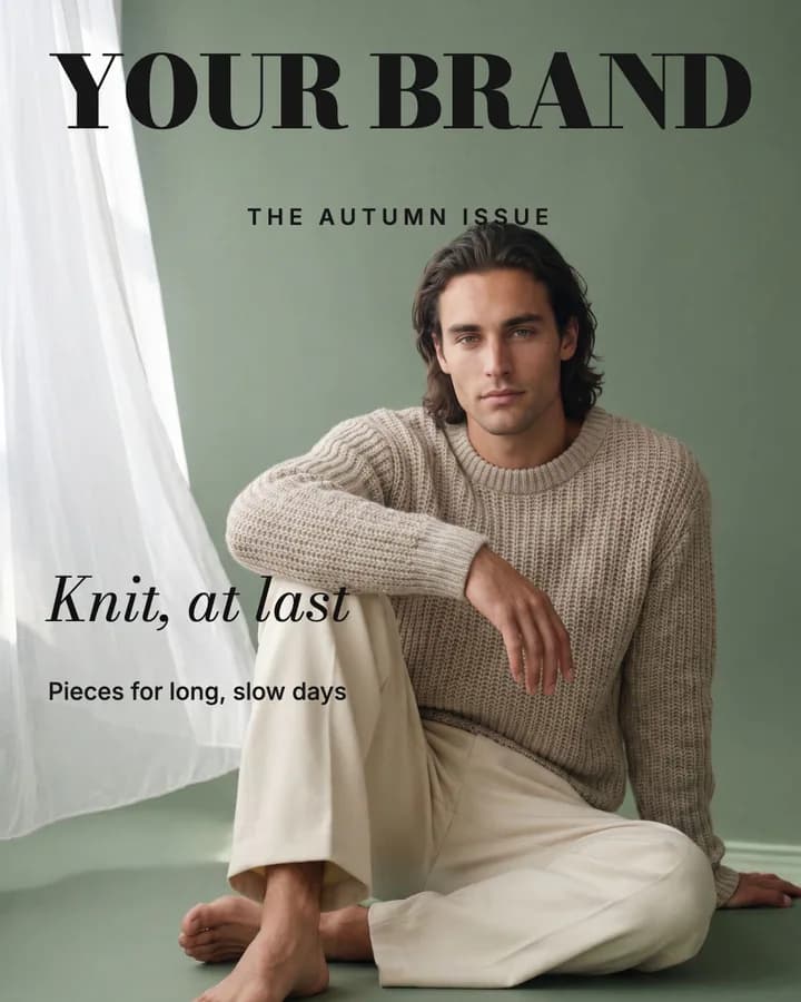 The magazine cover: a sample ad for an autumn collection, reading “Knit, at last” and “Pieces for long, slow days”