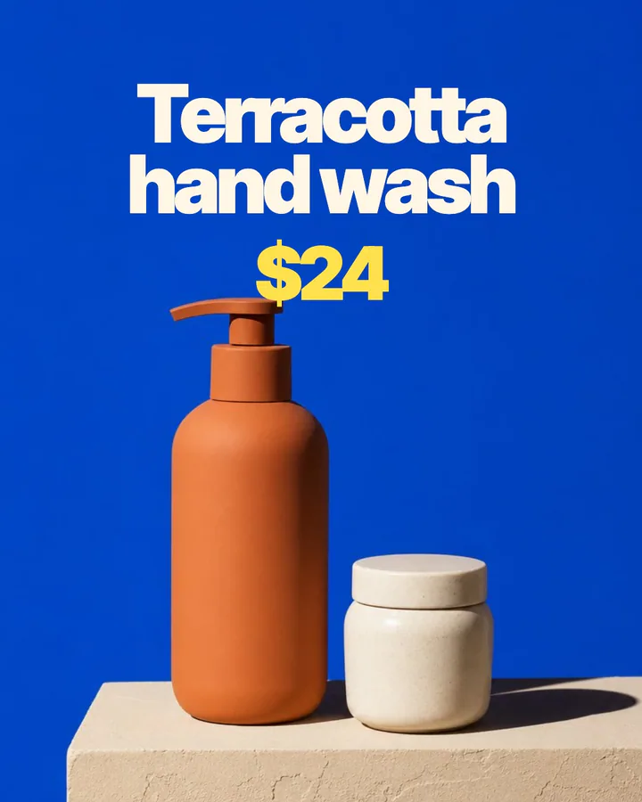 Name and price: a sample ad for a hand wash, reading “Terracotta hand wash”