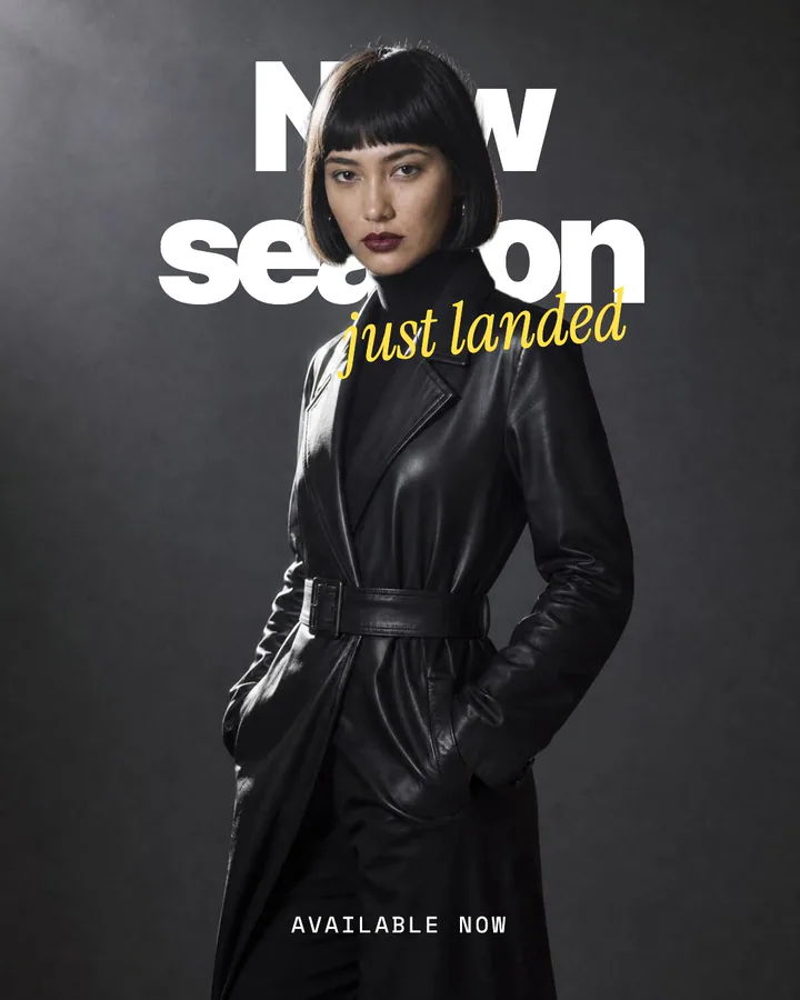 The new-season headline: a sample ad for a leather trench, reading “New season” and “just landed”