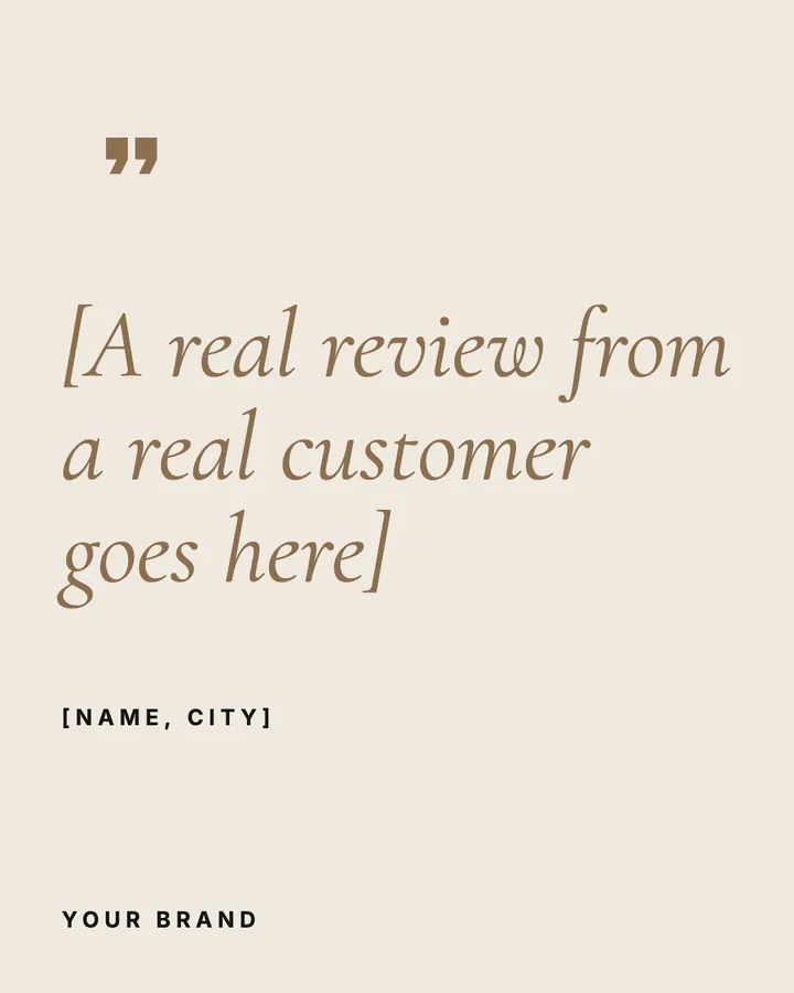 The review, set large: a sample ad with a placeholder where your customer's own review goes