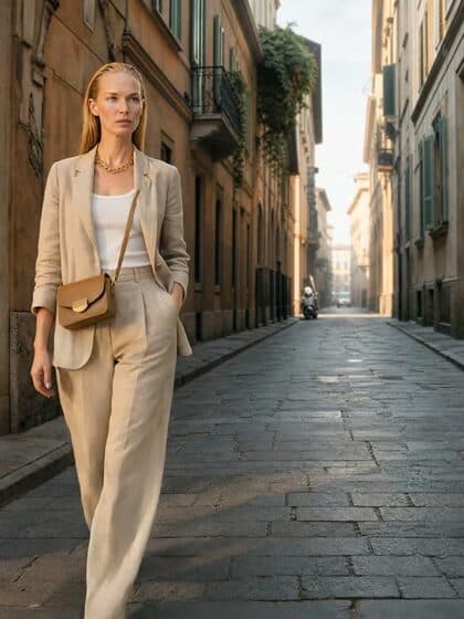 Model in the sand linen blazer on a Milan street