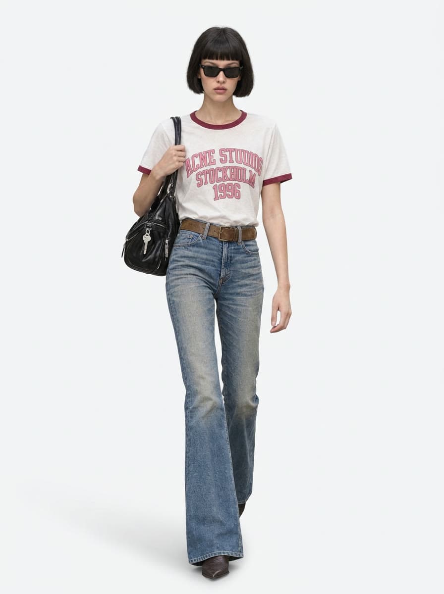 A model in a white ringer tee with a faded pink print, flared jeans and narrow sunglasses, a black leather bag on her shoulder, on a white studio floor.