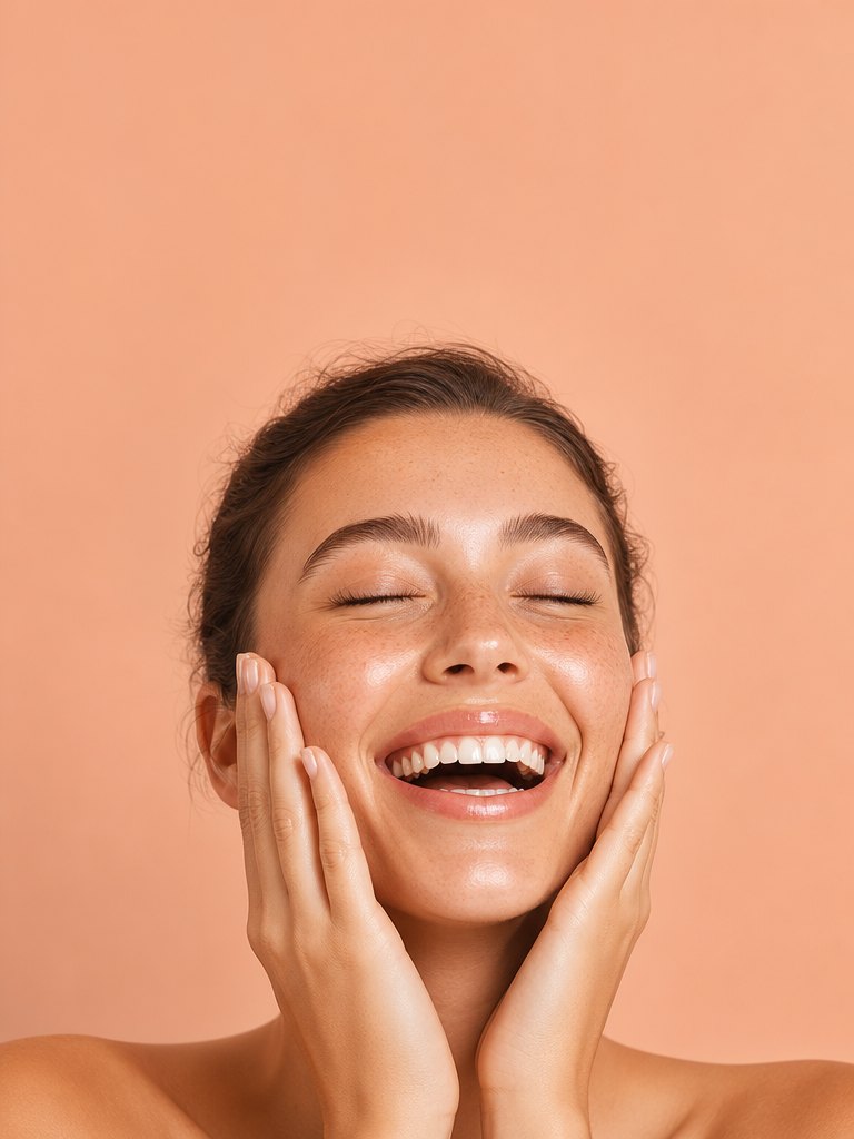 A laughing woman with her hands on her cheeks, on peach