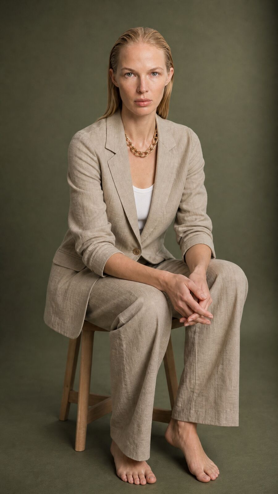 A barefoot model in a linen suit sits on a wooden stool against an olive green backdrop, hands clasped over one knee.