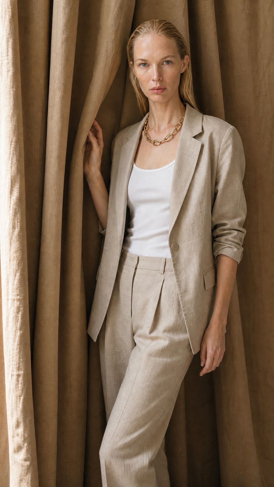 A model in a linen suit and gold chain leans against heavy tan curtains, one hand holding the fabric.