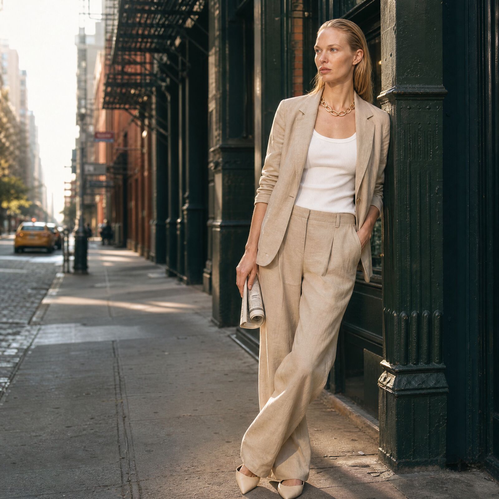 A model in a linen suit leans against a dark green shopfront on a sunlit New York sidewalk, a yellow cab in the distance.
