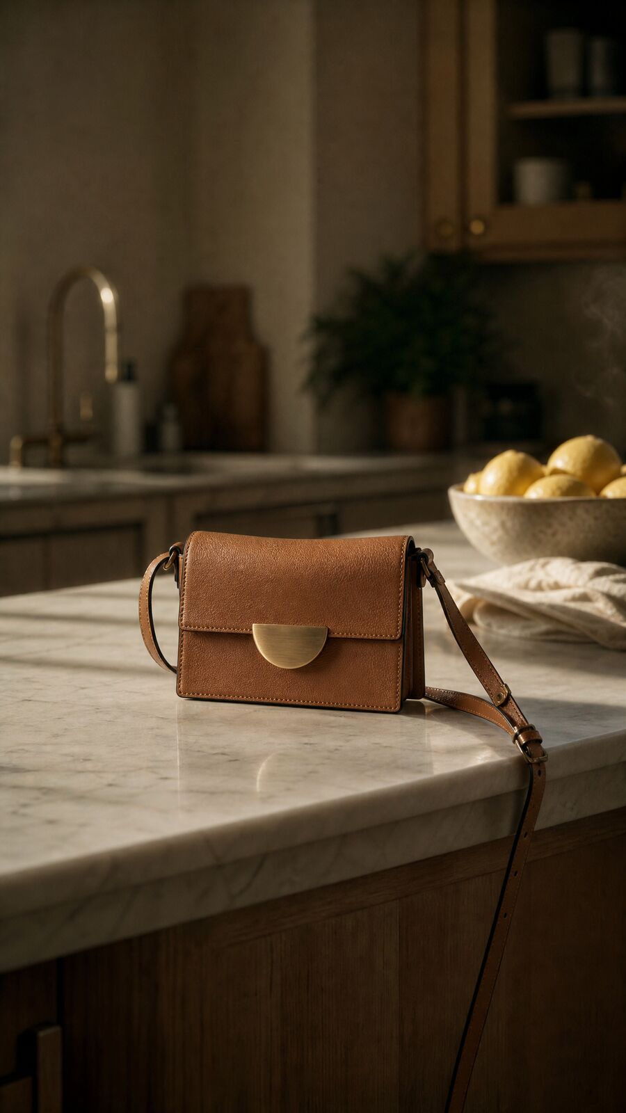 A tan leather crossbody bag on a marble kitchen counter beside a bowl of lemons, in dim evening light.