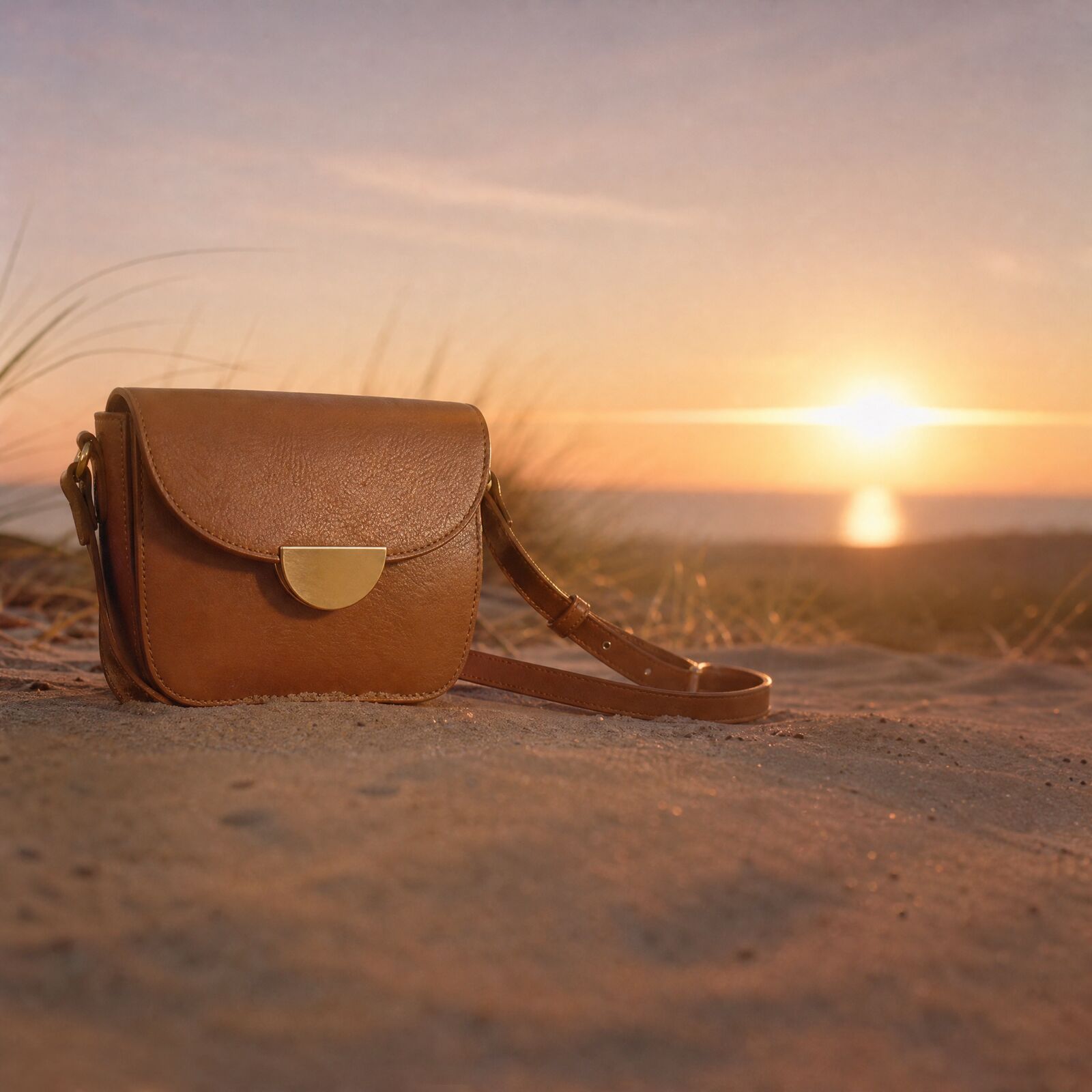 A tan leather crossbody bag resting in the sand among dune grass as the sun sets over the sea.