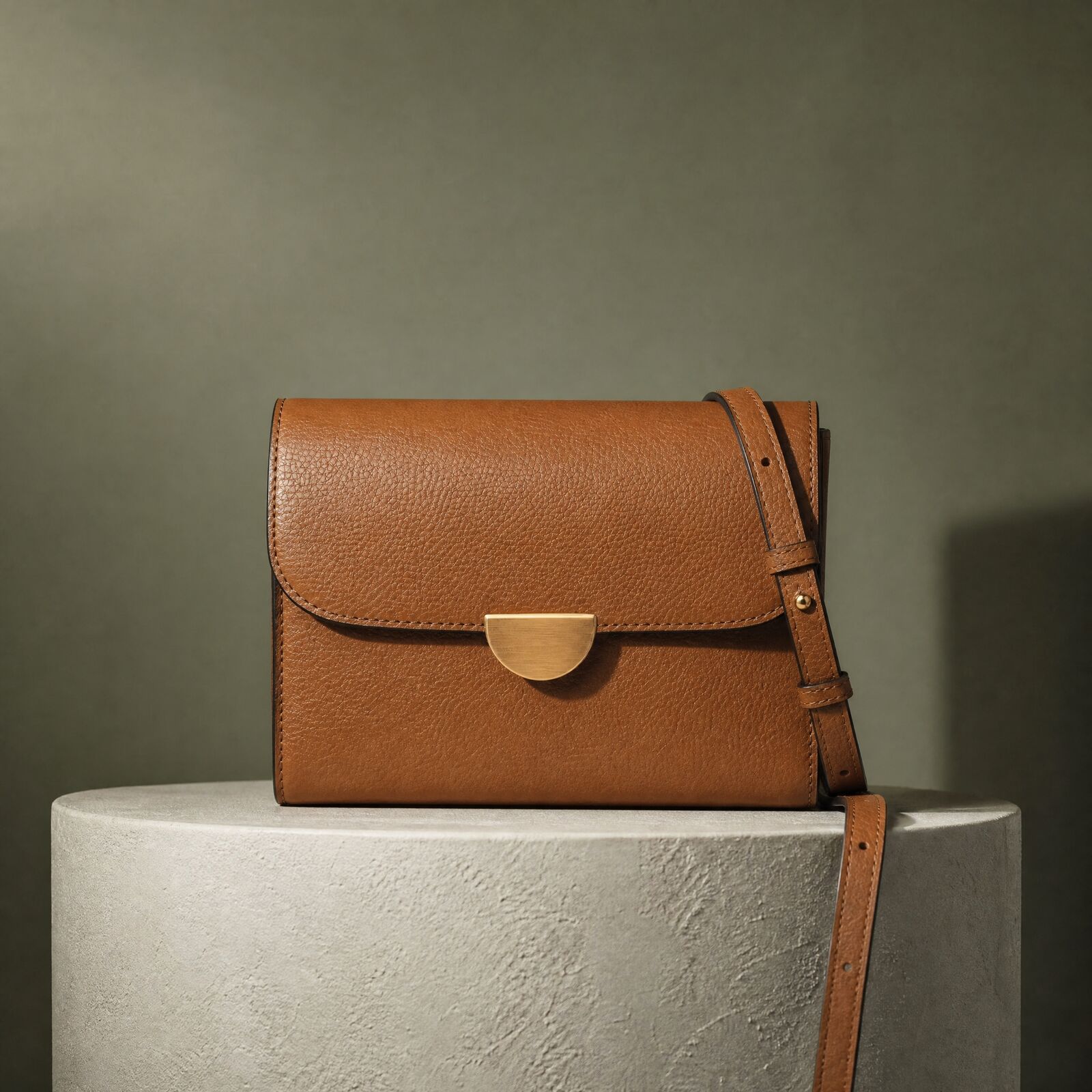 A tan leather crossbody bag with a brass half-moon clasp on a pale stone plinth against a sage green wall.