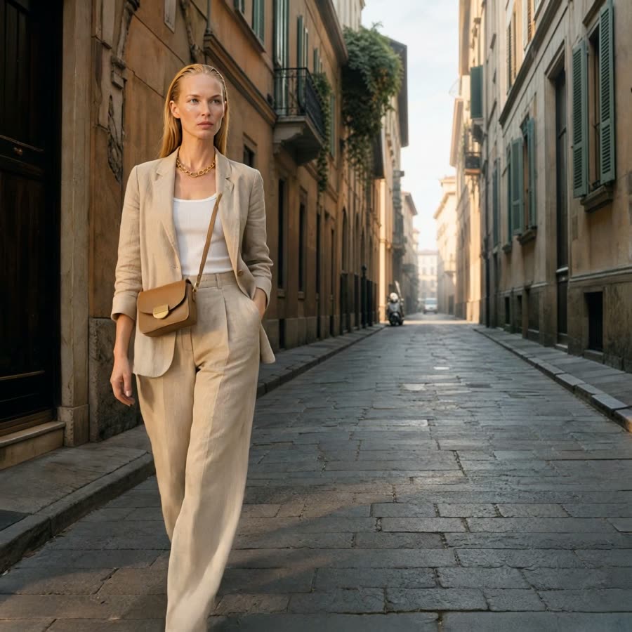 Frame from a Misu clip: a model in a natural linen suit and gold chain walks down a narrow cobbled street in Milan, a tan leather crossbody bag at her hip.