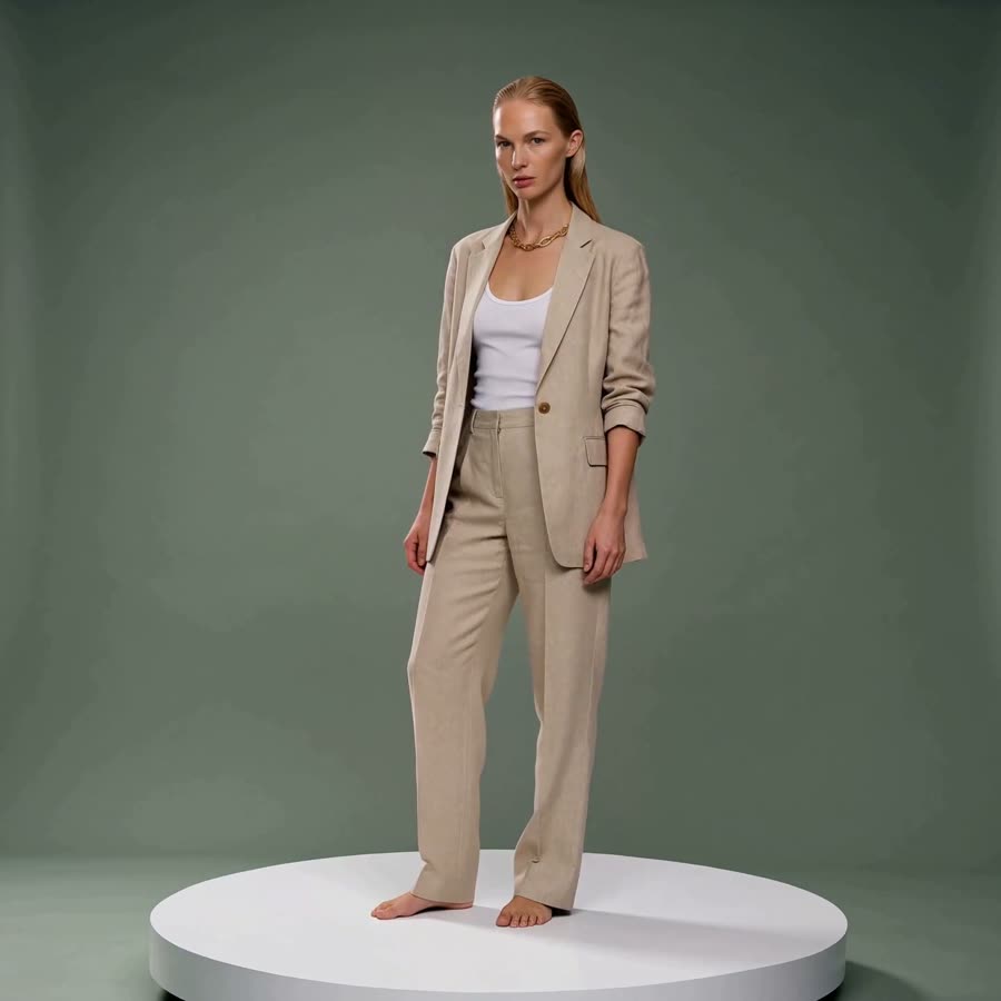 Semona, a Main Board model, standing barefoot on a white turntable in a beige linen suit against a sage-green studio backdrop.