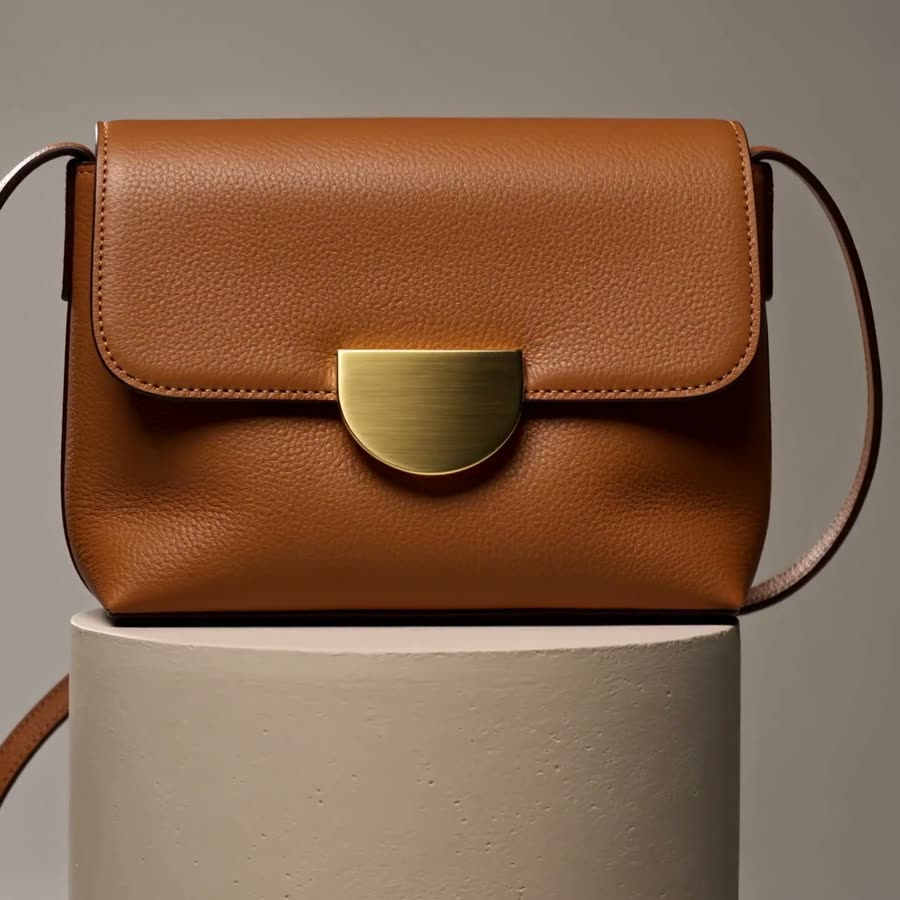 Close crop of the tan pebbled-leather bag on a pale concrete plinth, brushed brass clasp catching soft studio light.