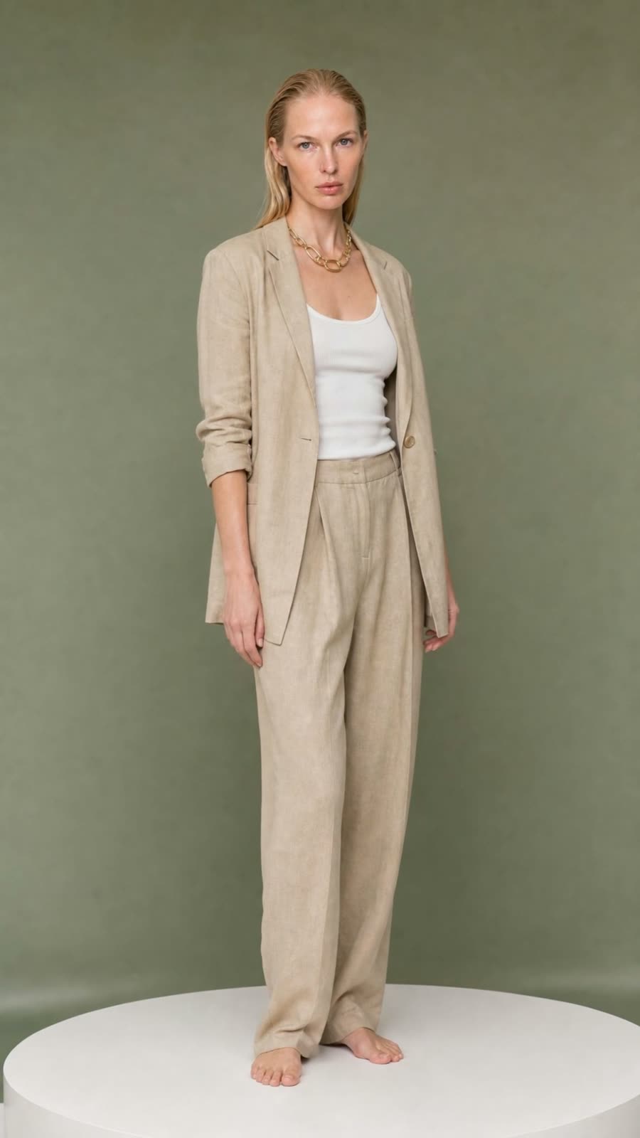 Vertical full-length frame of a model in a natural linen suit on a white turntable, sage green studio backdrop.