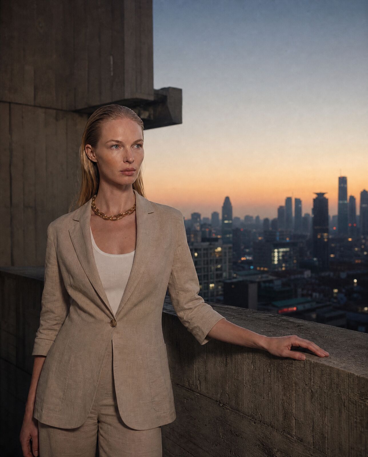 A model in a linen suit rests a hand on a concrete balcony ledge at dusk, a city skyline glowing behind her.