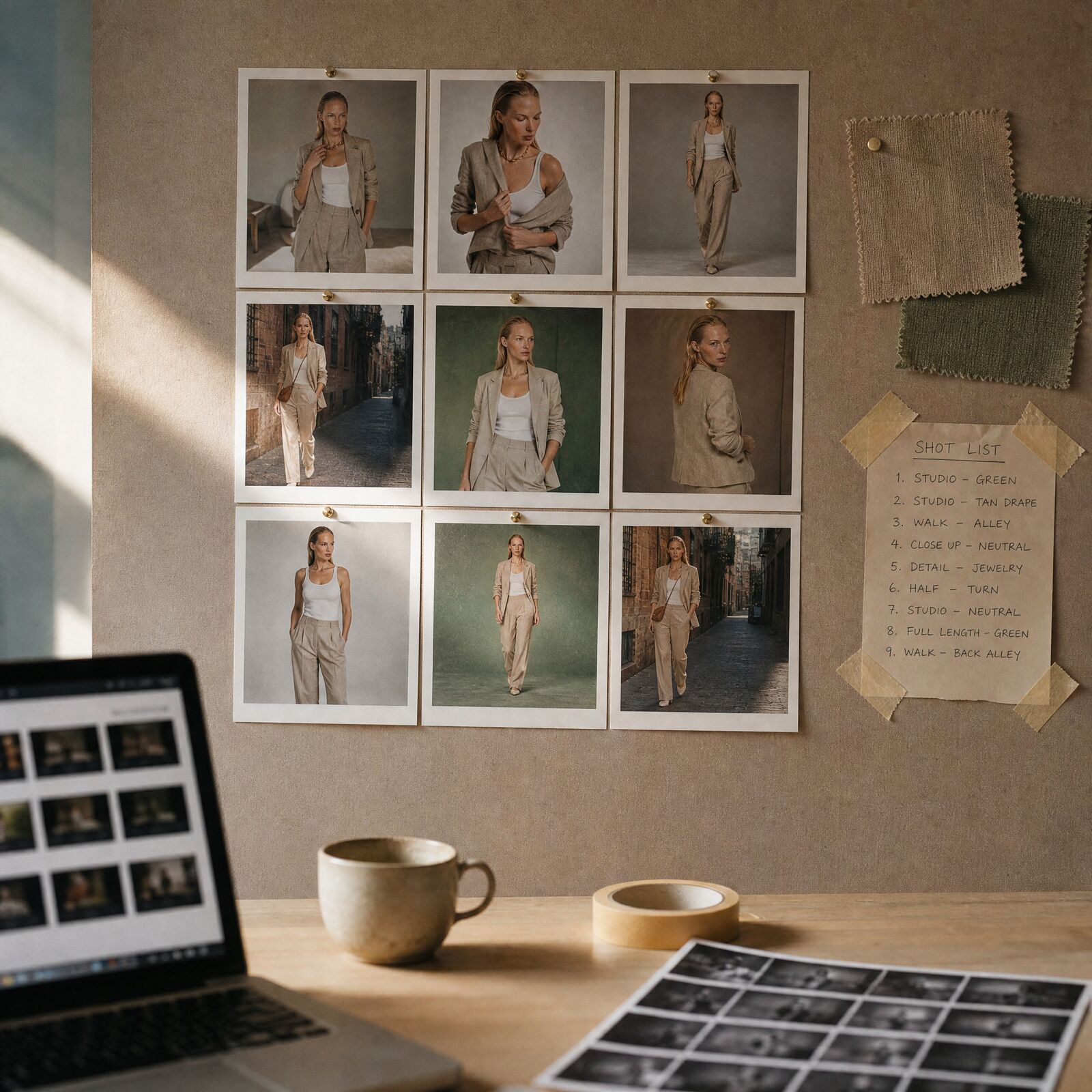 A pinned grid of nine prints of the same model in the linen suit beside fabric swatches and a handwritten shot list, a laptop and coffee cup on the desk below.